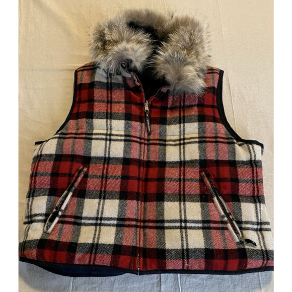 Woolrich Reversible Vest Black-RedPlaid Womens Large Coyote Fur Collar Down Vest - Picture 8 of 16